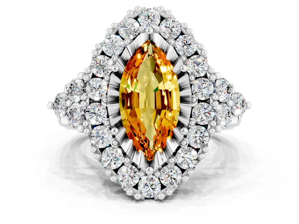 White gold Marquise Cut Citrine Halo Ring with Pavé Band and Four-Prong Setting