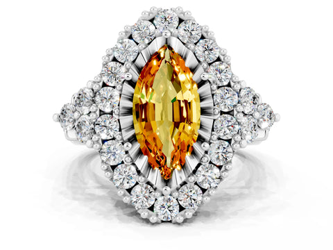 White gold Marquise Cut Citrine Halo Ring with Pavé Band and Four-Prong Setting_12