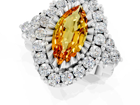 White gold Marquise Cut Citrine Halo Ring with Pavé Band and Four-Prong Setting_13