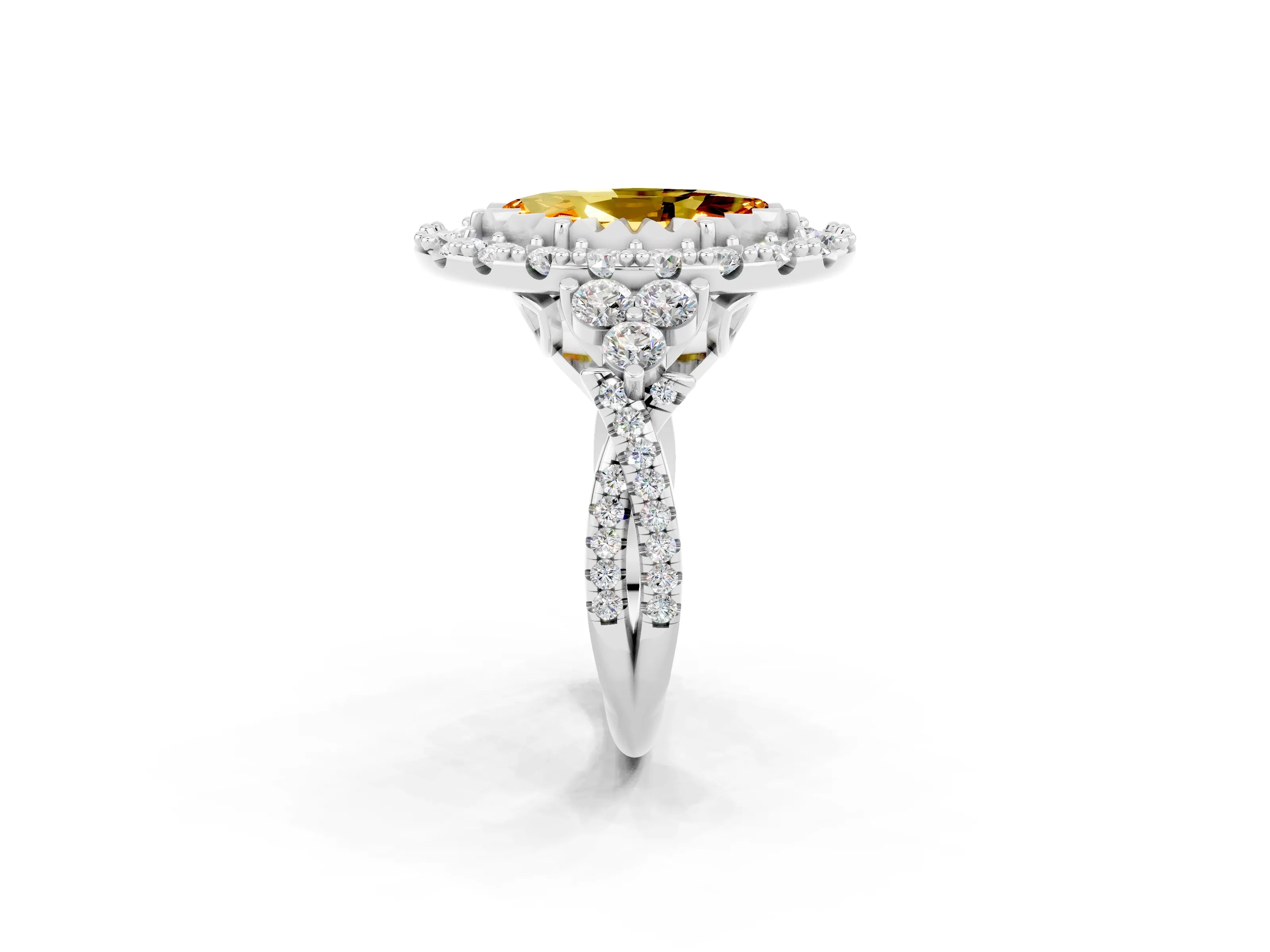 White gold Marquise Cut Citrine Halo Ring with Pavé Band and Four-Prong Setting_14