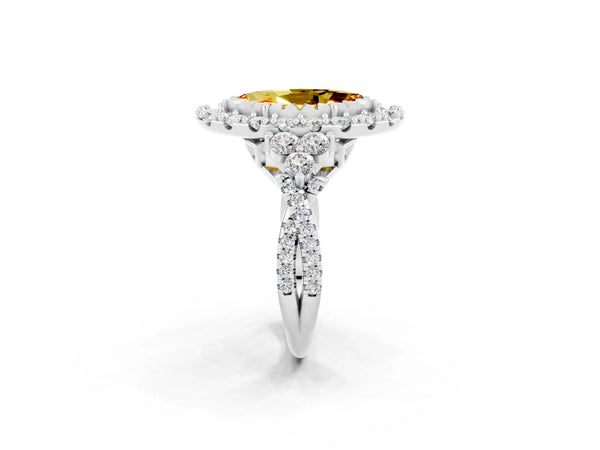 Silver Marquise Cut Citrine Halo Ring with Pavé Band and Four-Prong Setting