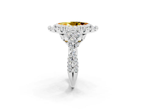White gold Marquise Cut Citrine Halo Ring with Pavé Band and Four-Prong Setting_14