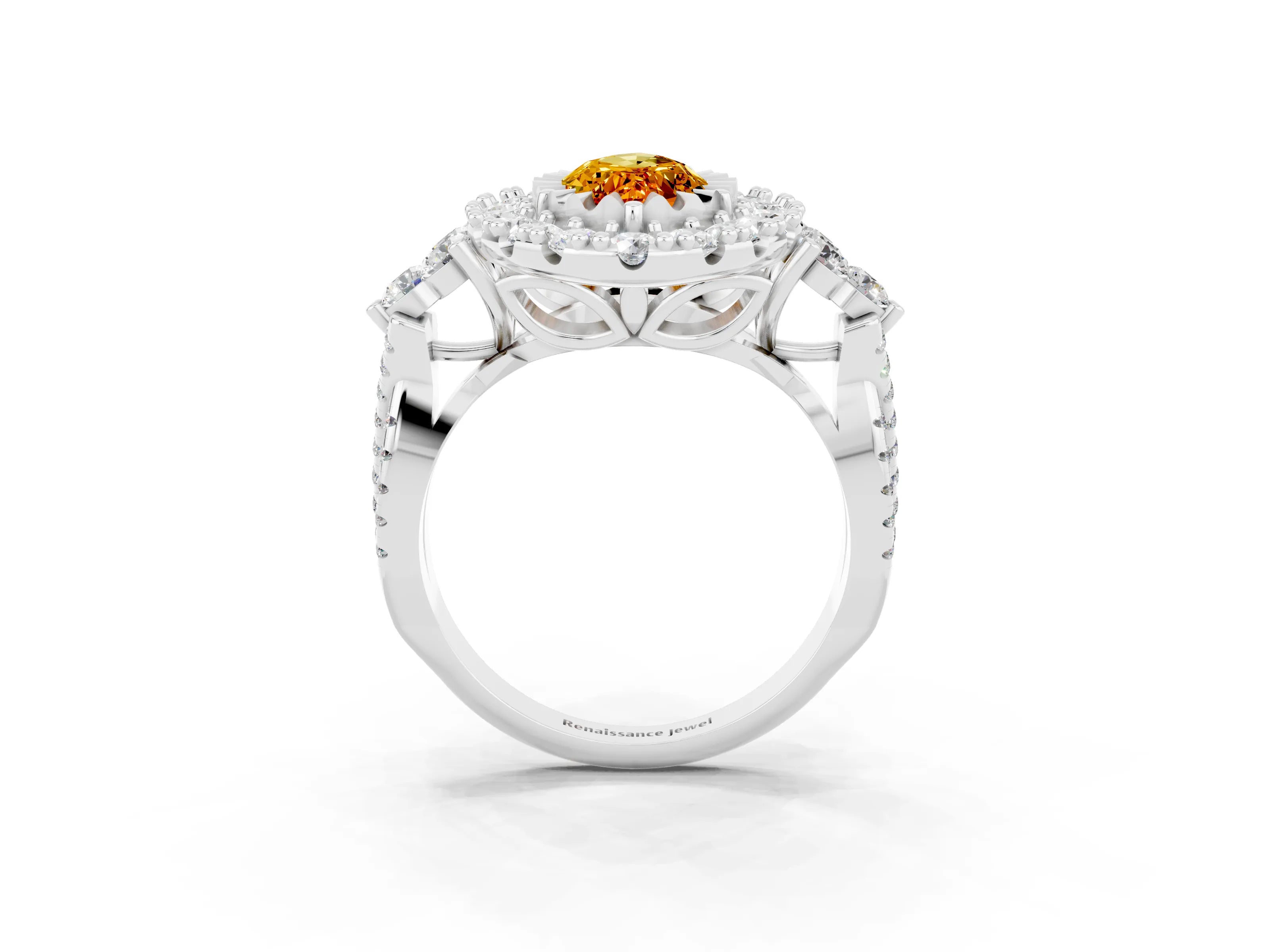 White gold Marquise Cut Citrine Halo Ring with Pavé Band and Four-Prong Setting_15