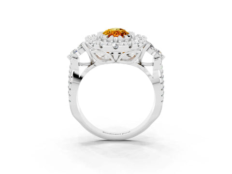 White gold Marquise Cut Citrine Halo Ring with Pavé Band and Four-Prong Setting_15
