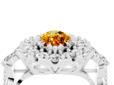 White gold Marquise Cut Citrine Halo Ring with Pavé Band and Four-Prong Setting_16