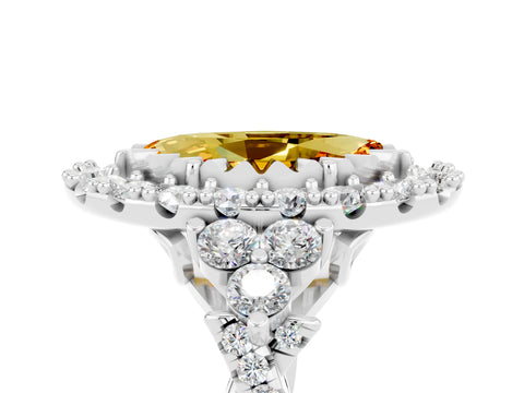 White gold Marquise Cut Citrine Halo Ring with Pavé Band and Four-Prong Setting_17