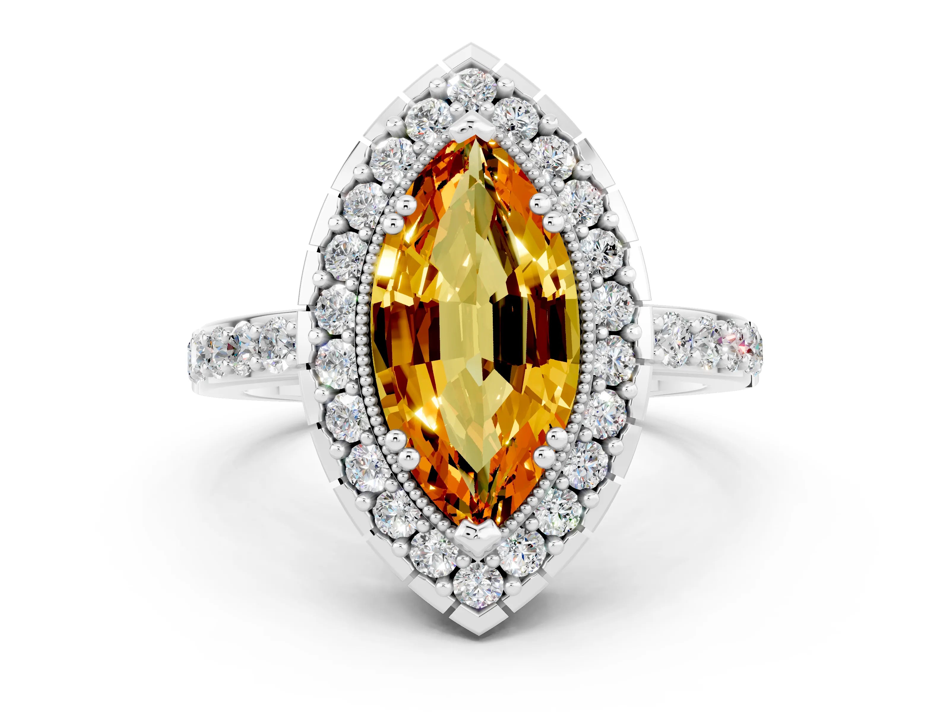 White gold Marquise Cut Citrine Halo Ring with Pavé Band and Prong Setting