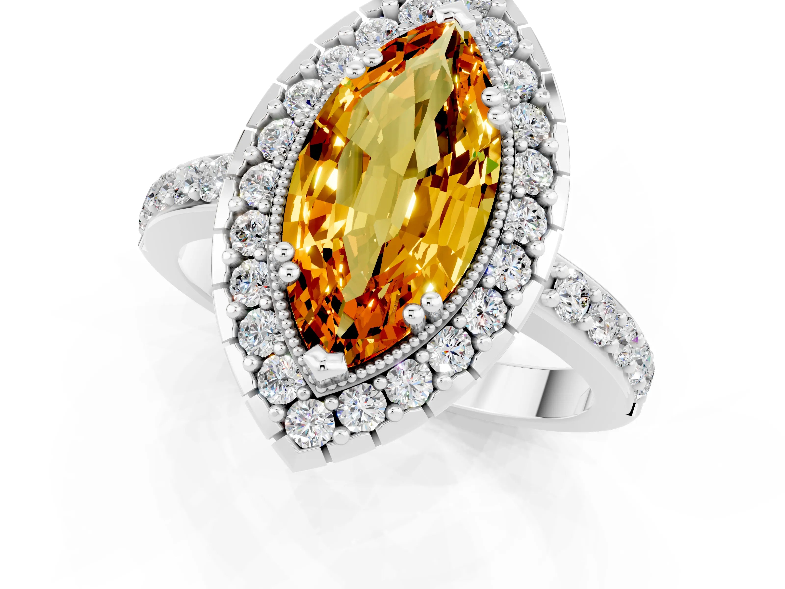 White gold Marquise Cut Citrine Halo Ring with Pavé Band and Prong Setting_1