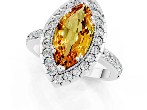 Platinum Marquise Cut Citrine Halo Ring with Pavé Band and Prong Setting