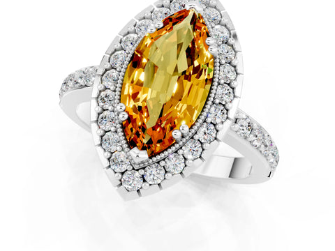 White gold Marquise Cut Citrine Halo Ring with Pavé Band and Prong Setting_1