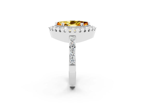 Platinum Marquise Cut Citrine Halo Ring with Pavé Band and Prong Setting