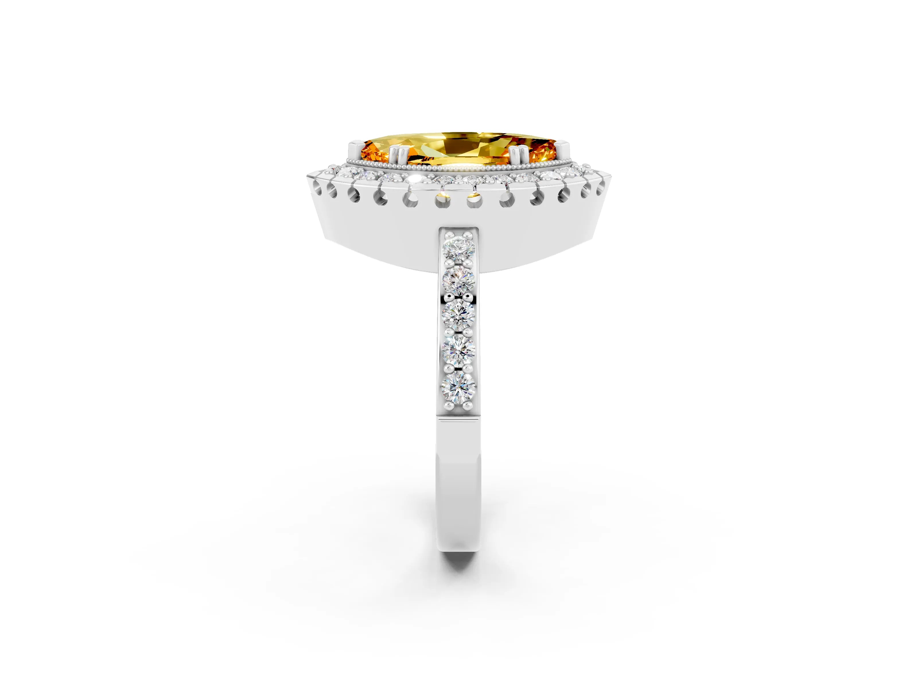 White gold Marquise Cut Citrine Halo Ring with Pavé Band and Prong Setting_2