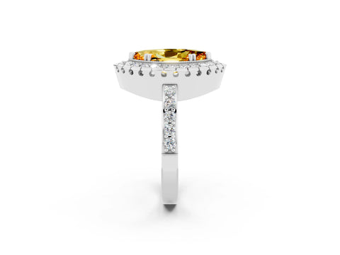 White gold Marquise Cut Citrine Halo Ring with Pavé Band and Prong Setting_2