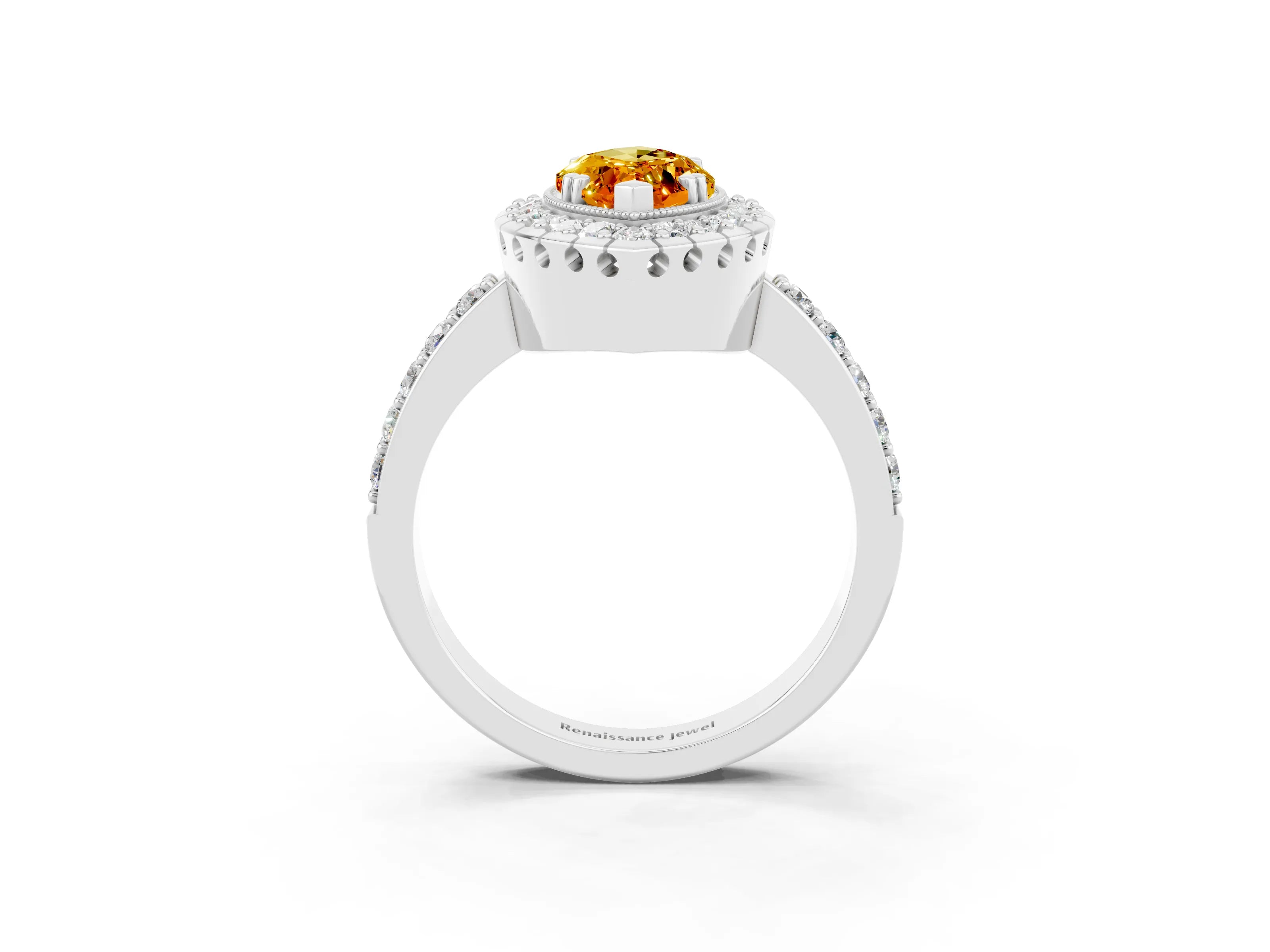 White gold Marquise Cut Citrine Halo Ring with Pavé Band and Prong Setting_3