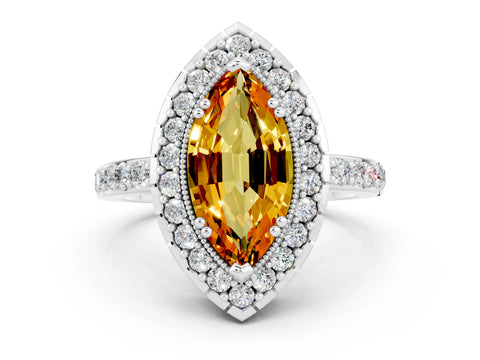 White gold Marquise Cut Citrine Halo Ring with Pavé Band and Prong Setting