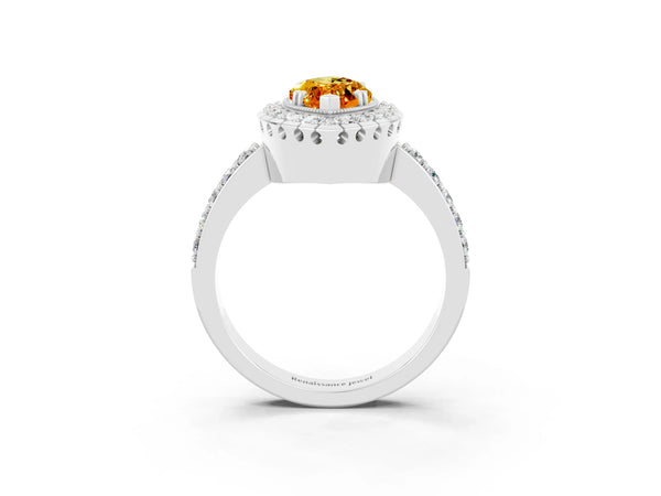 White gold Marquise Cut Citrine Halo Ring with Pavé Band and Prong Setting