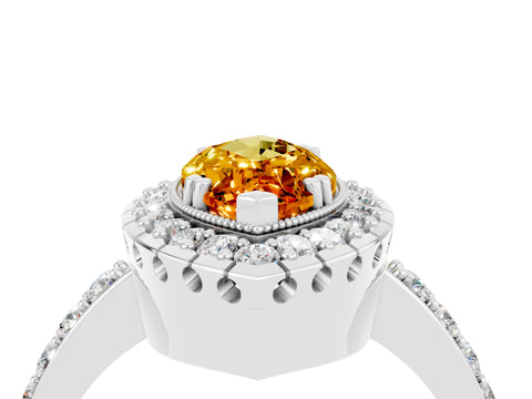White gold Marquise Cut Citrine Halo Ring with Pavé Band and Prong Setting_4