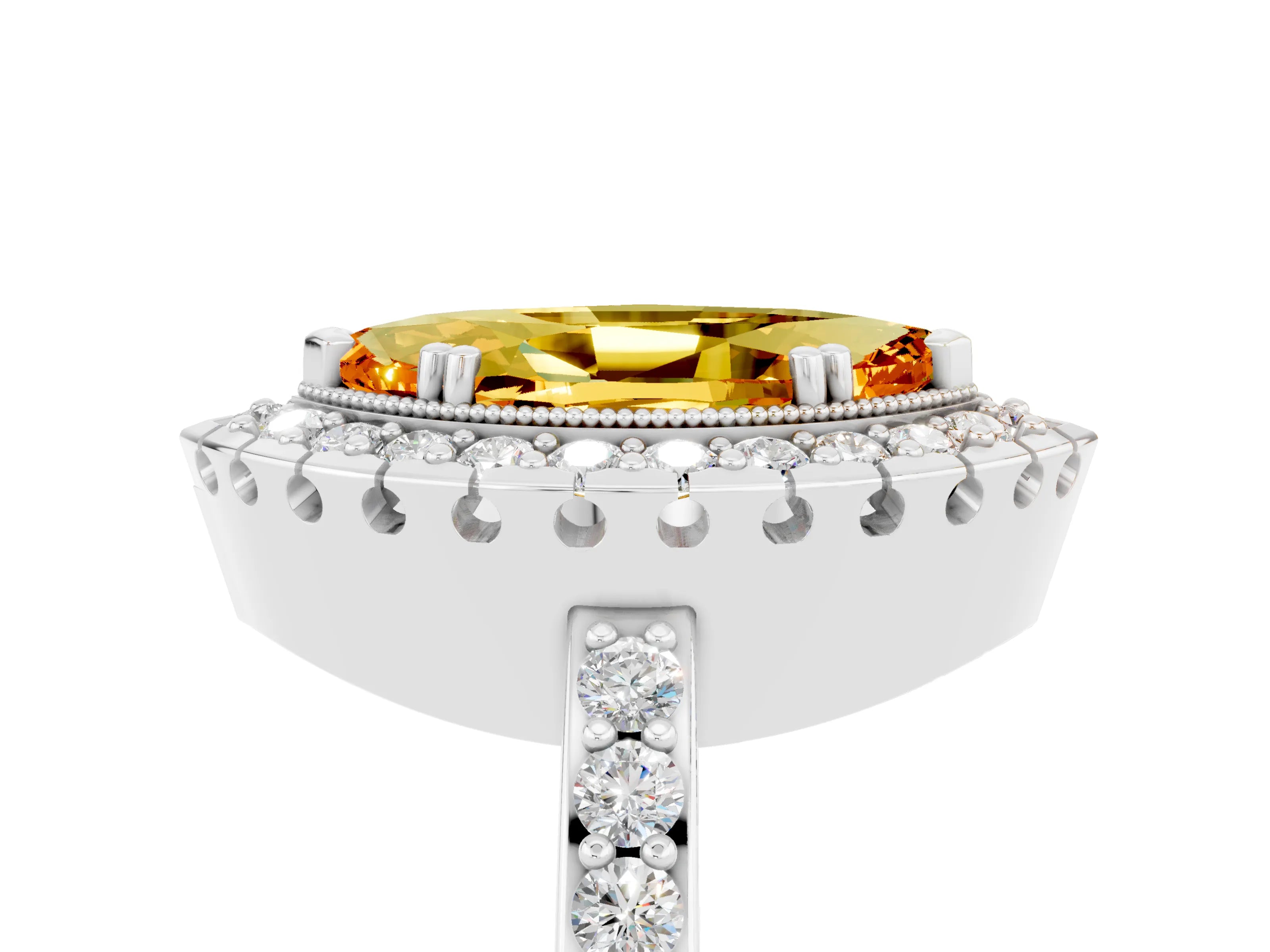 White gold Marquise Cut Citrine Halo Ring with Pavé Band and Prong Setting_5