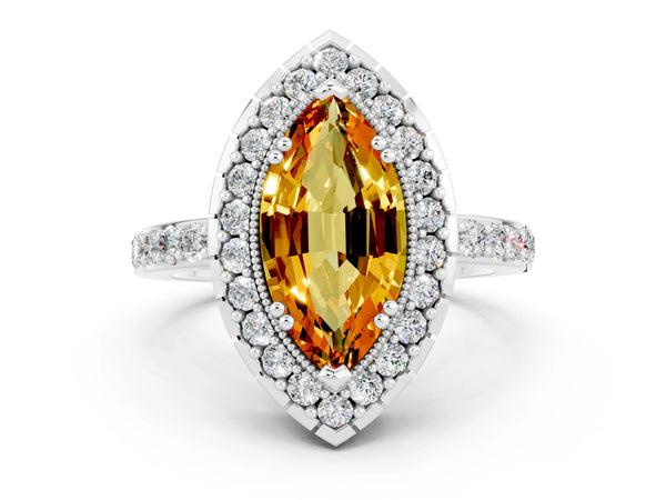 White gold Marquise Cut Citrine Halo Ring with Pavé Band and Prong Setting