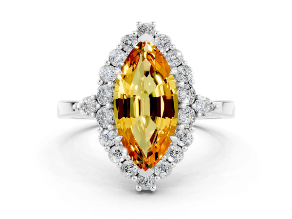 Platinum Marquise Cut Citrine Halo Ring with Pear Side Stones and Prong Setting