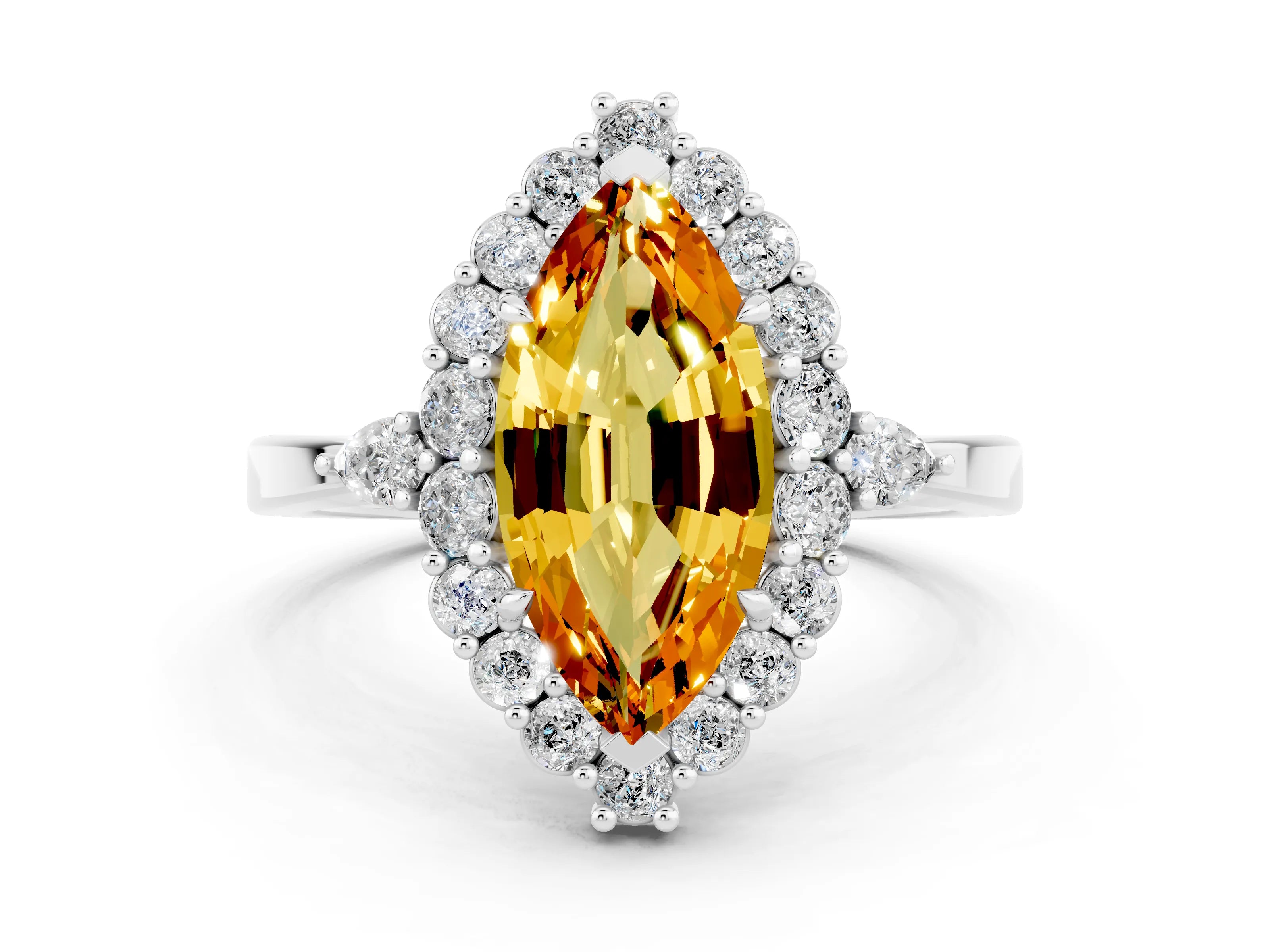 White gold Marquise Cut Citrine Halo Ring with Pear Side Stones and Prong Setting_24