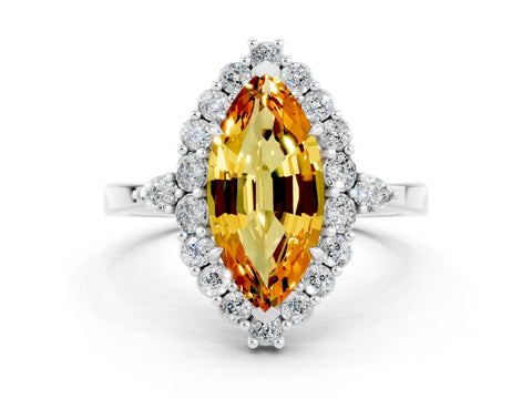White gold Marquise Cut Citrine Halo Ring with Pear Side Stones and Prong Setting_24