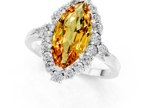 White gold Marquise Cut Citrine Halo Ring with Pear Side Stones and Prong Setting_25
