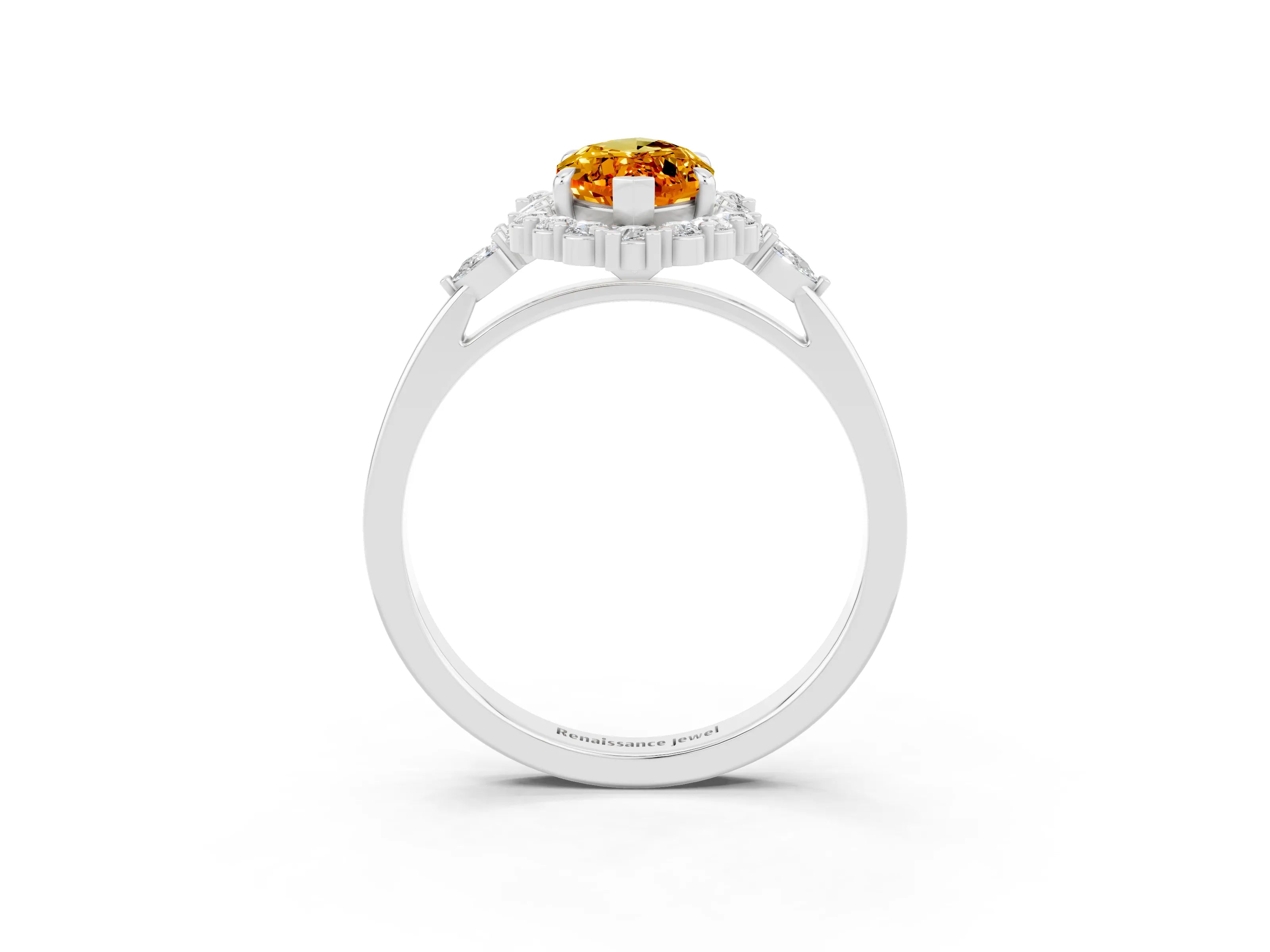 White gold Marquise Cut Citrine Halo Ring with Pear Side Stones and Prong Setting_27