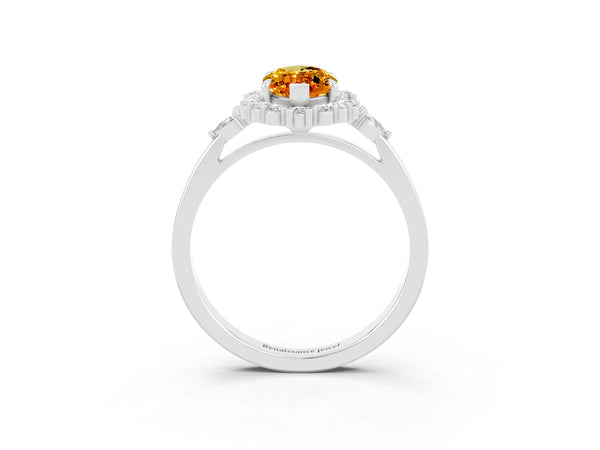 White gold Marquise Cut Citrine Halo Ring with Pear Side Stones and Prong Setting