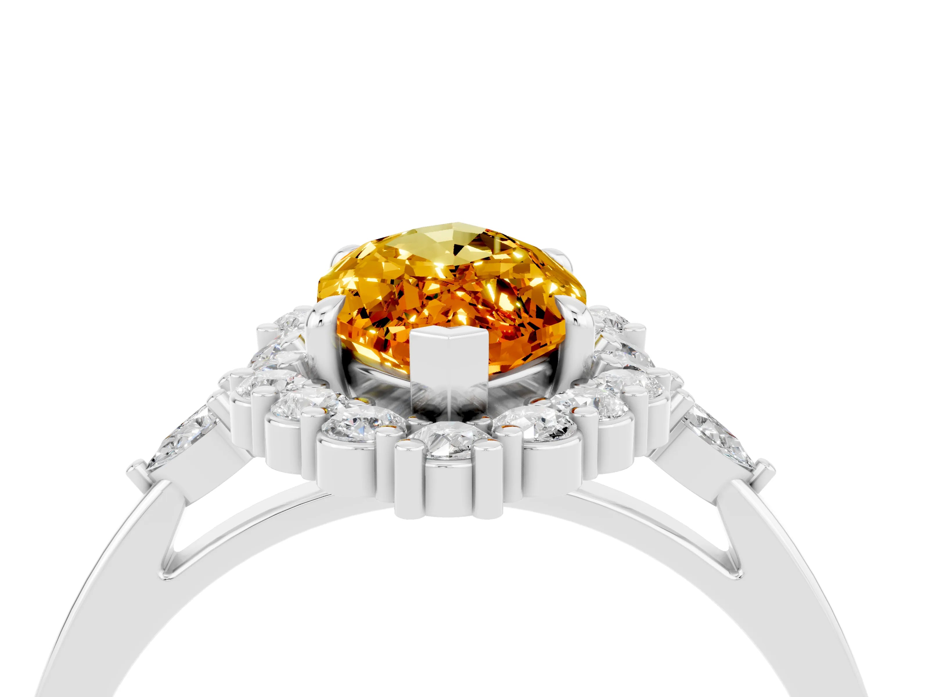 White gold Marquise Cut Citrine Halo Ring with Pear Side Stones and Prong Setting_28