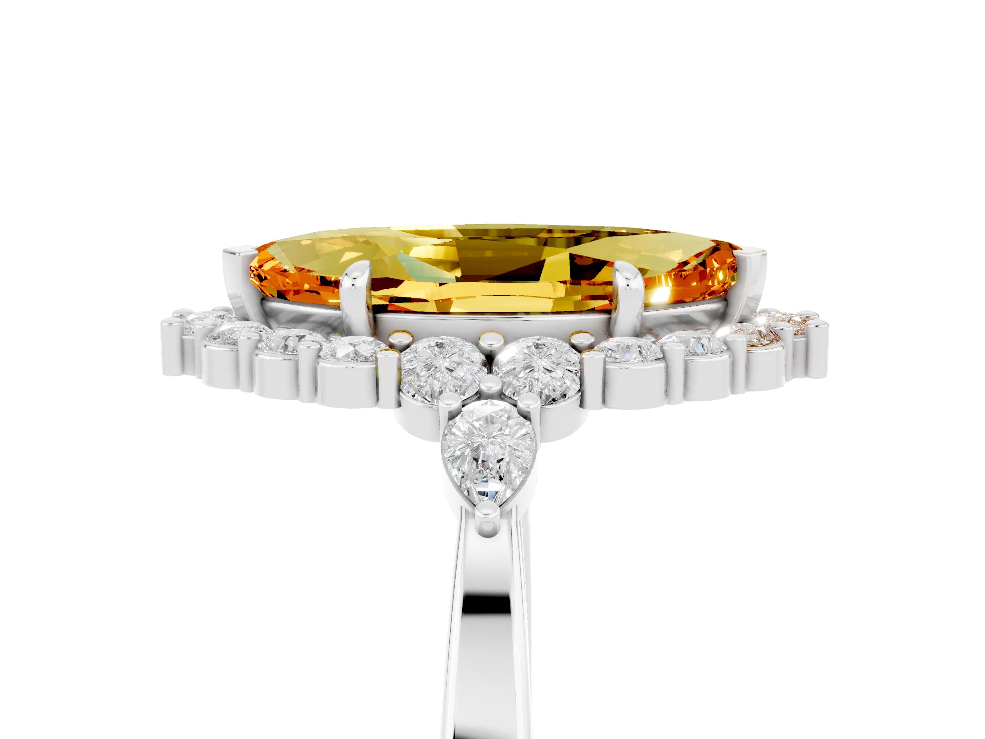 White gold Marquise Cut Citrine Halo Ring with Pear Side Stones and Prong Setting_29