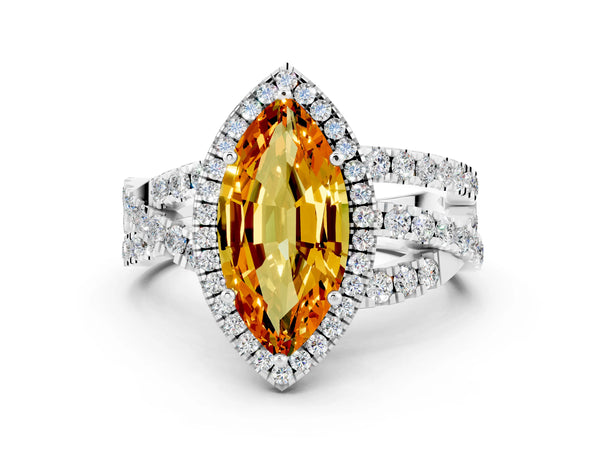 Silver Marquise Cut Citrine Halo Ring with Round Split Shank and Prong Setting