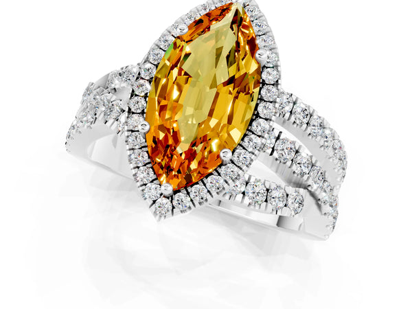 Silver Marquise Cut Citrine Halo Ring with Round Split Shank and Prong Setting