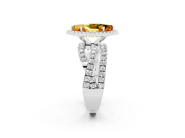Platinum Marquise Cut Citrine Halo Ring with Round Split Shank and Prong Setting
