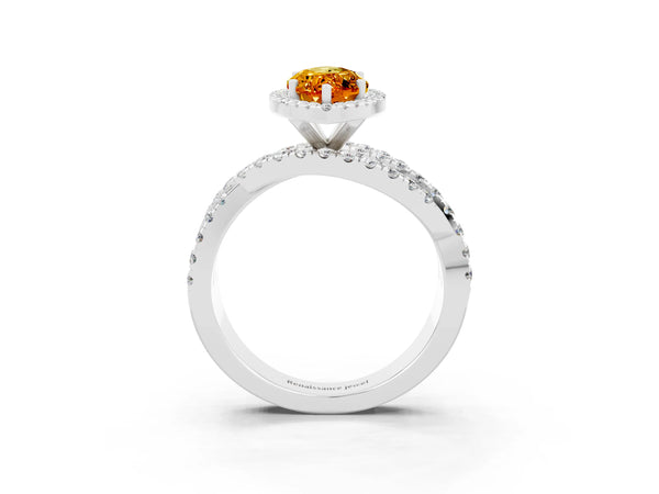 Silver Marquise Cut Citrine Halo Ring with Round Split Shank and Prong Setting