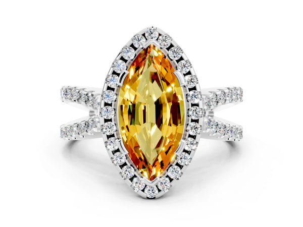 Platinum Marquise Cut Citrine Halo Ring with Split Shank Pavé Band and Prong Setting