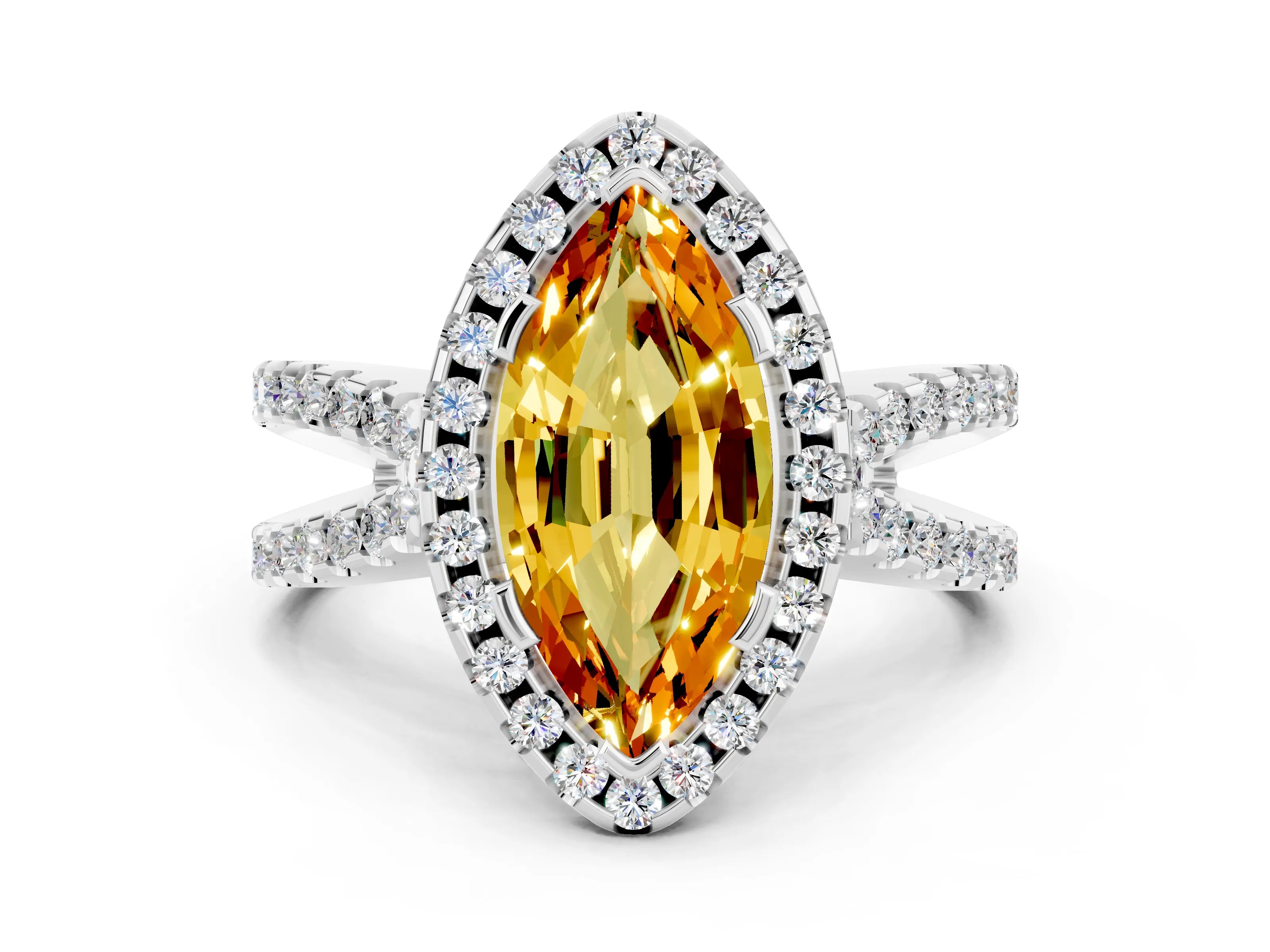 White gold Marquise Cut Citrine Halo Ring with Split Shank Pavé Band and Prong Setting