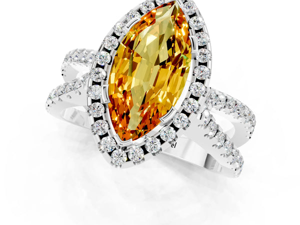 Silver Marquise Cut Citrine Halo Ring with Split Shank Pavé Band and Prong Setting
