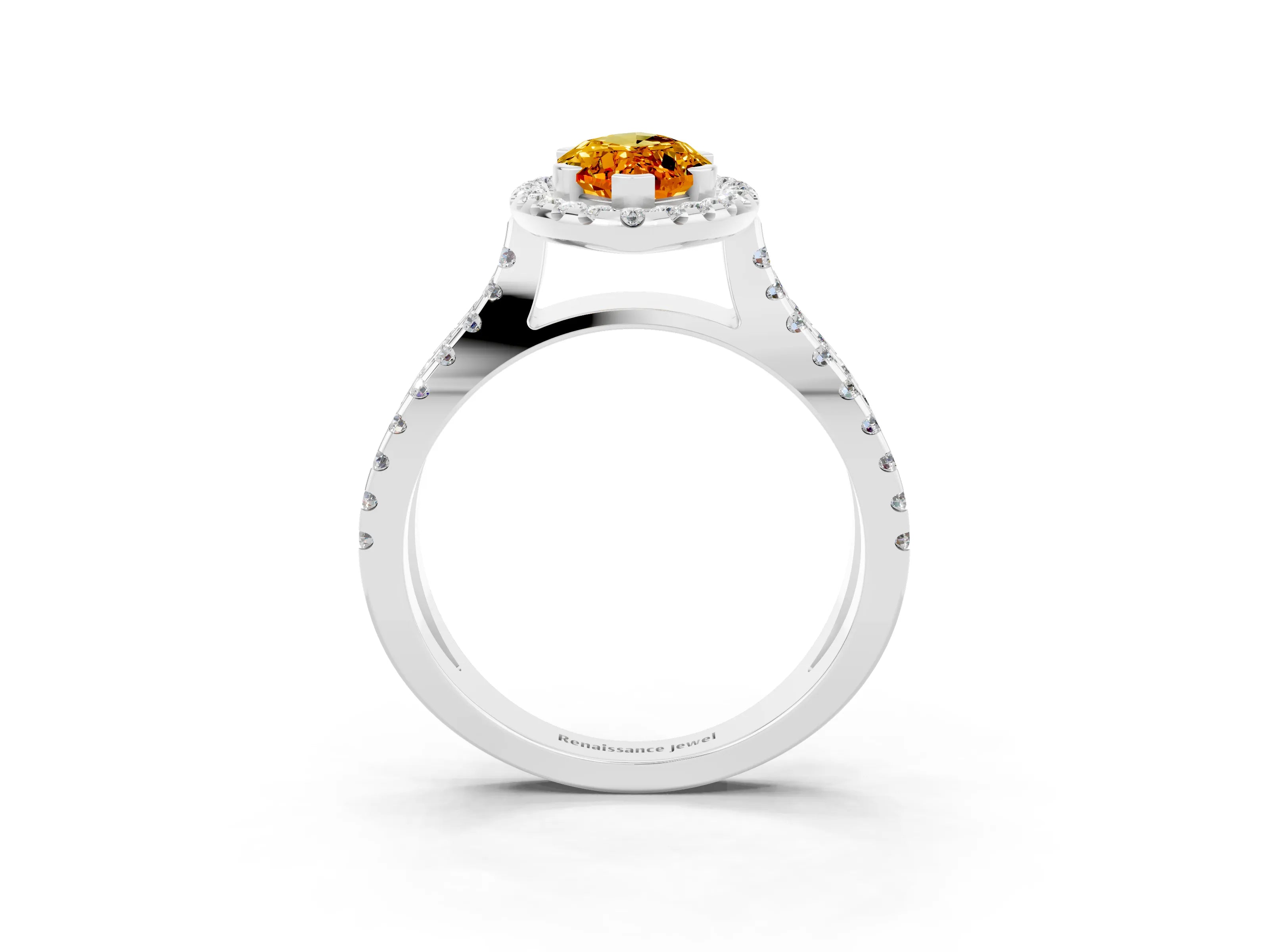 White gold Marquise Cut Citrine Halo Ring with Split Shank Pavé Band and Prong Setting_3