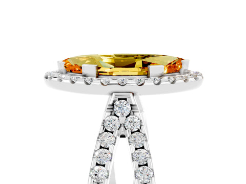 White gold Marquise Cut Citrine Halo Ring with Split Shank Pavé Band and Prong Setting_5