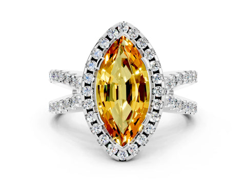 White gold Marquise Cut Citrine Halo Ring with Split Shank Pavé Band and Prong Setting
