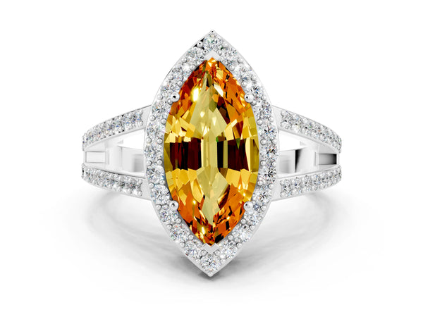 Platinum Marquise Cut Citrine Halo Ring with Split Shank U-Prong Band and Four-Prong Setting