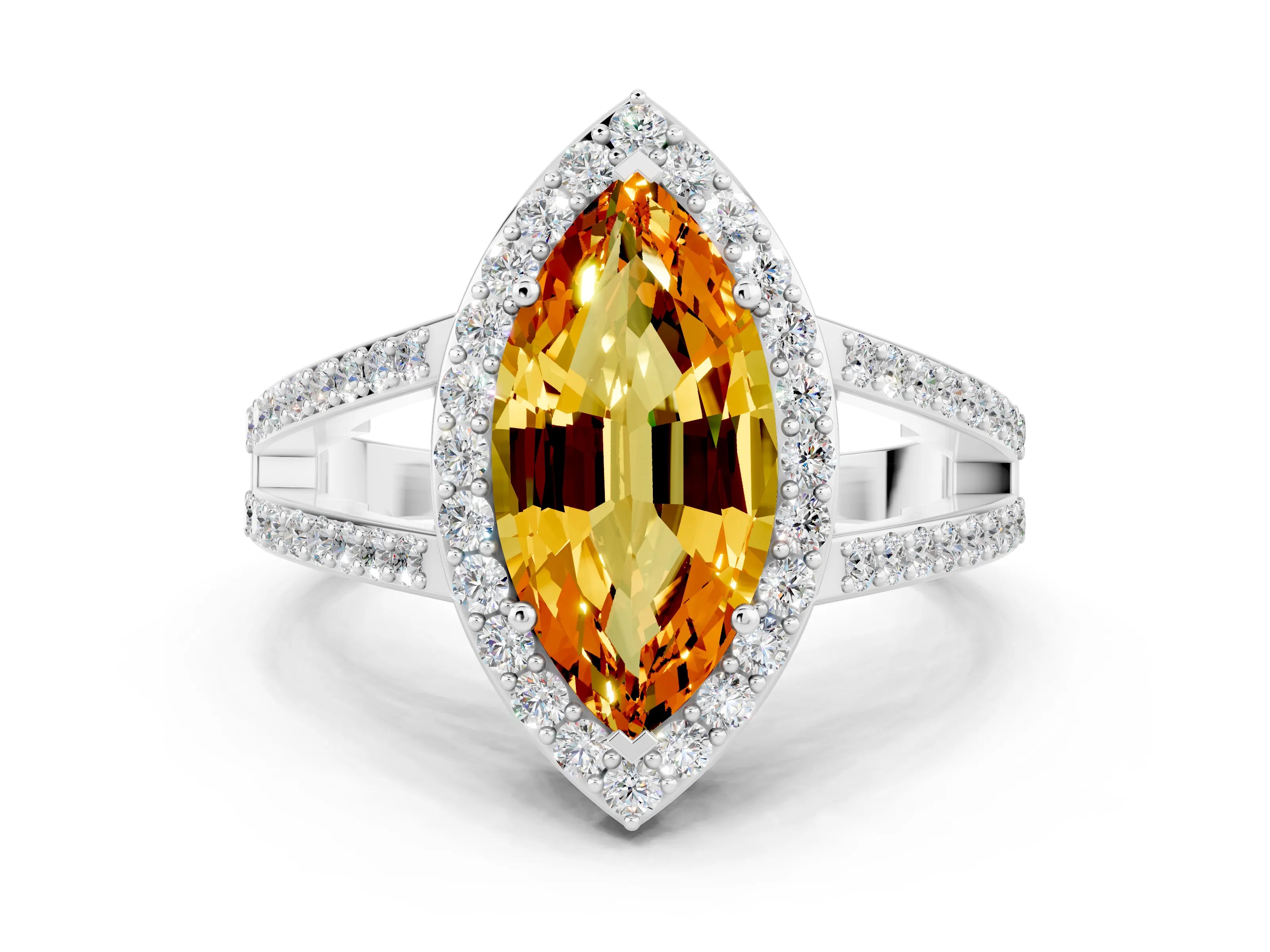 White gold Marquise Cut Citrine Halo Ring with Split Shank U-Prong Band and Four-Prong Setting