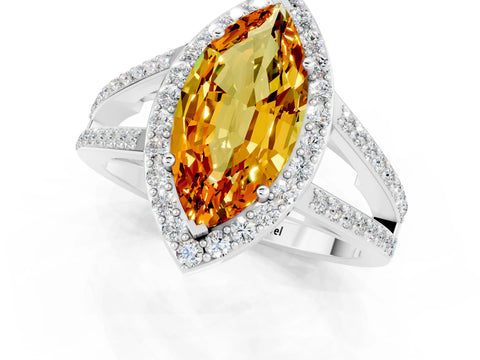 White gold Marquise Cut Citrine Halo Ring with Split Shank U-Prong Band and Four-Prong Setting_1
