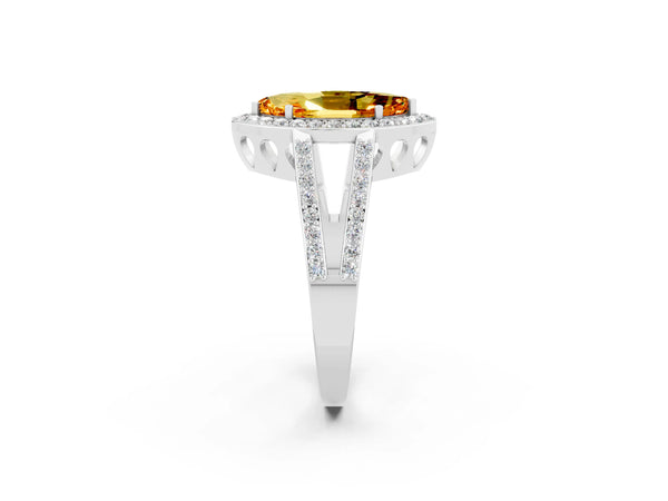 Platinum Marquise Cut Citrine Halo Ring with Split Shank U-Prong Band and Four-Prong Setting