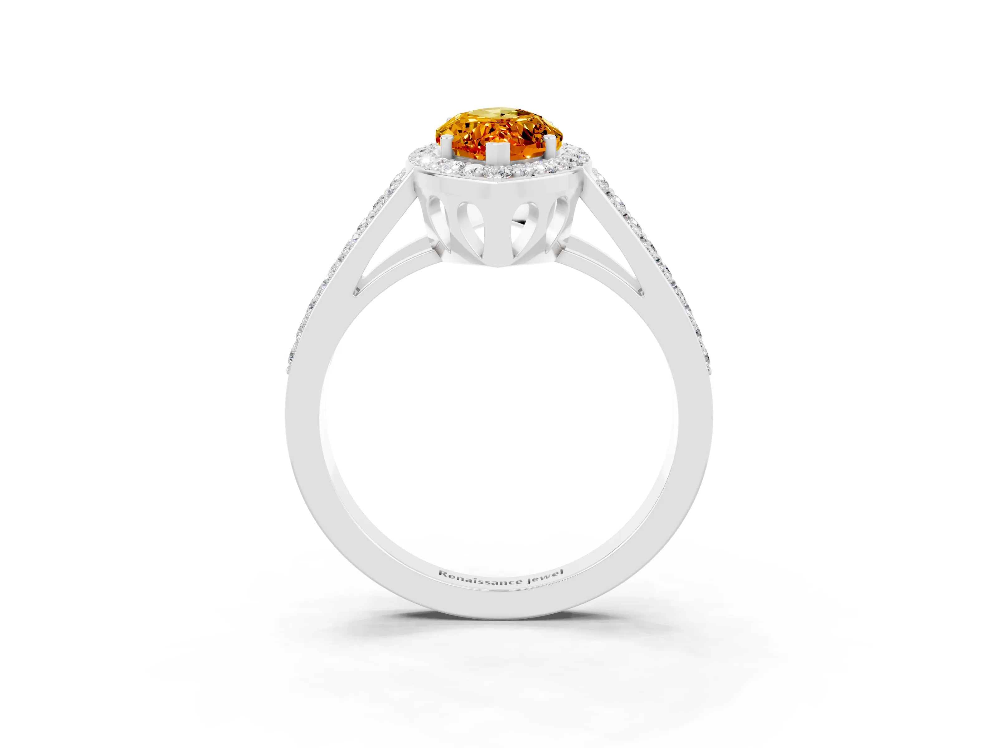 White gold Marquise Cut Citrine Halo Ring with Split Shank U-Prong Band and Four-Prong Setting_3