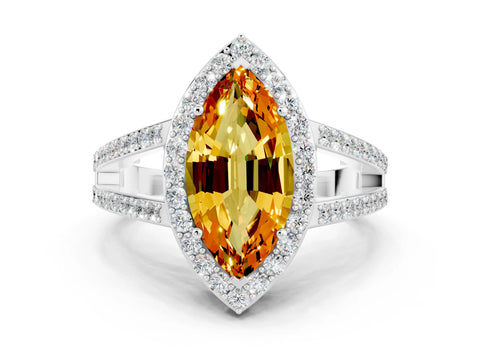 White gold Marquise Cut Citrine Halo Ring with Split Shank U-Prong Band and Four-Prong Setting