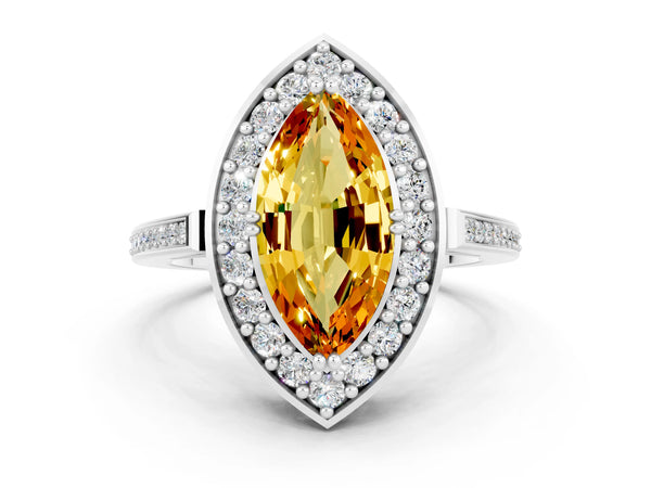 Platinum Marquise Cut Citrine Halo Ring with Split Shank and Four-Prong Setting