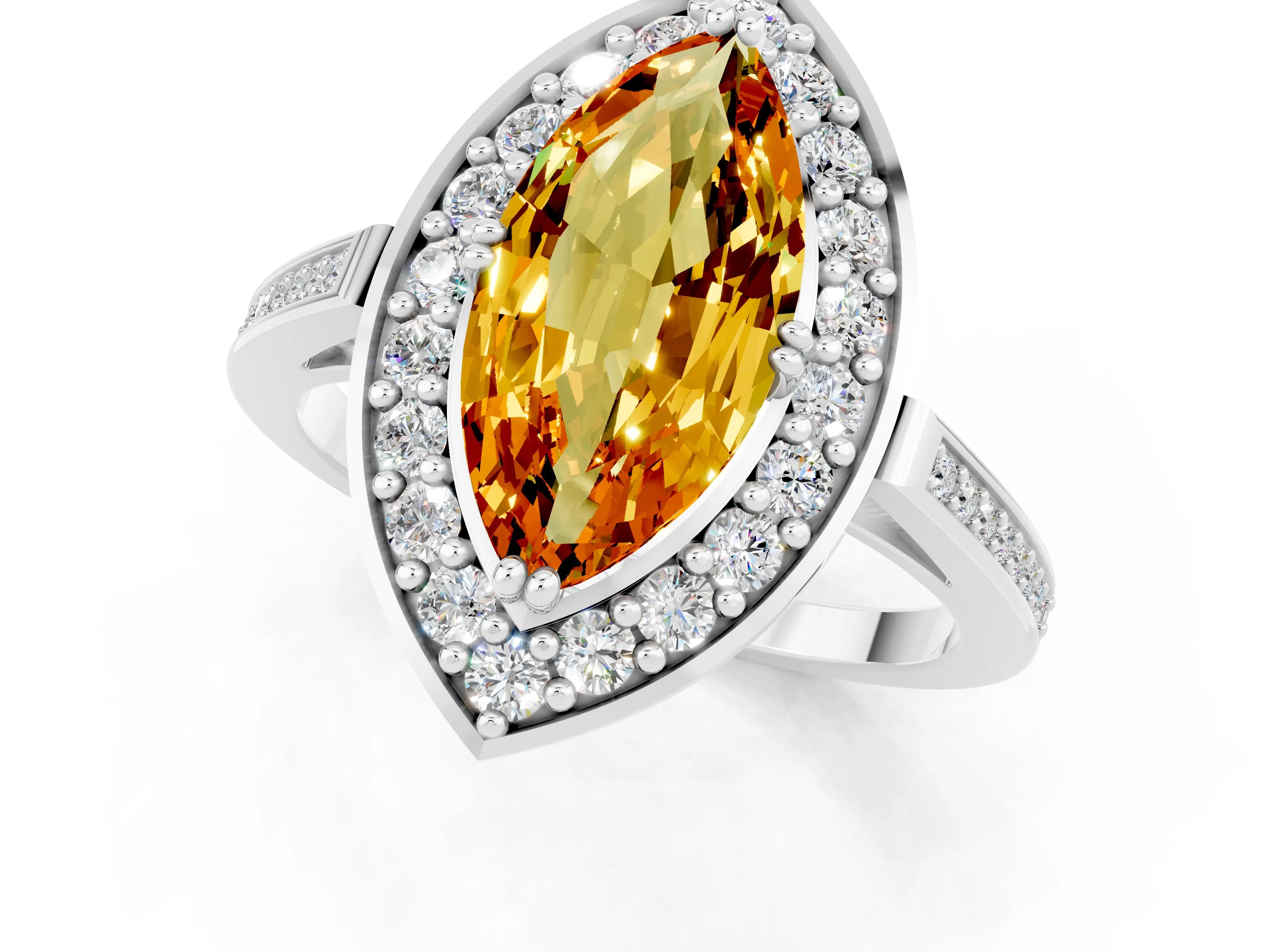 White gold Marquise Cut Citrine Halo Ring with Split Shank and Four-Prong Setting_1