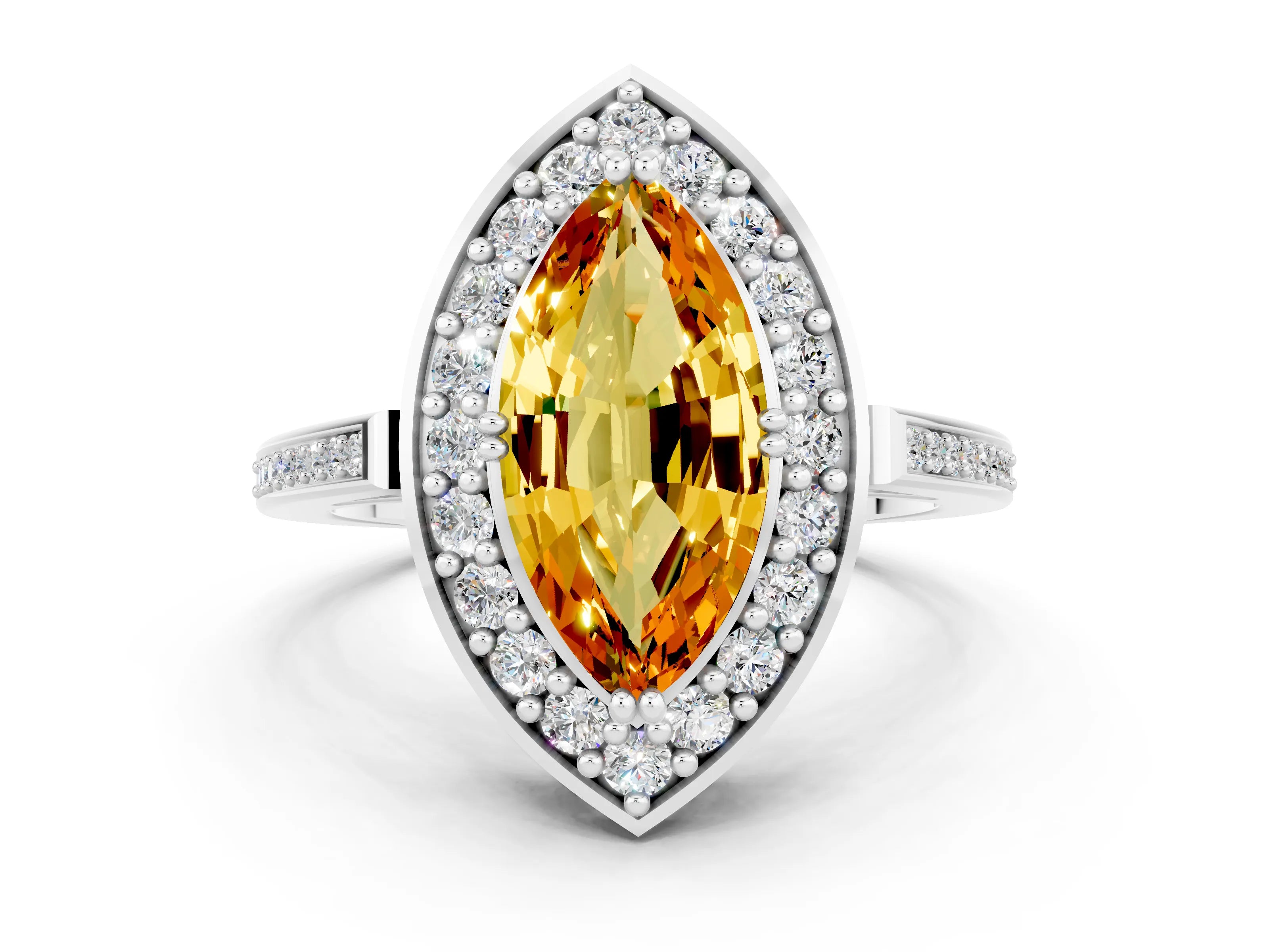 White gold Marquise Cut Citrine Halo Ring with Split Shank and Four-Prong Setting_12